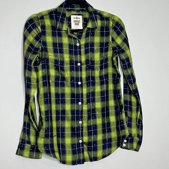 SO S Plaid Flannel Shirt Green Navy Blue White Polka Dot So Soft - Picture 2 of 9
